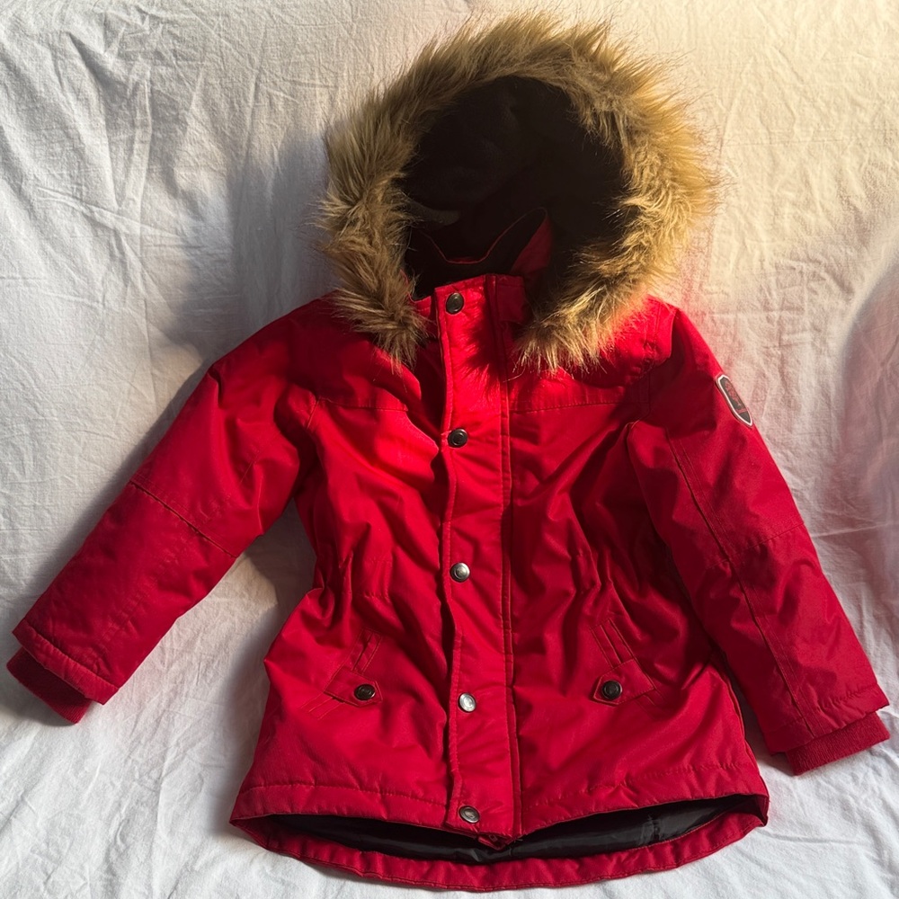⭐️ Canadiana - Red and Black Coat/Parka with Faux Fur Trim + mittens